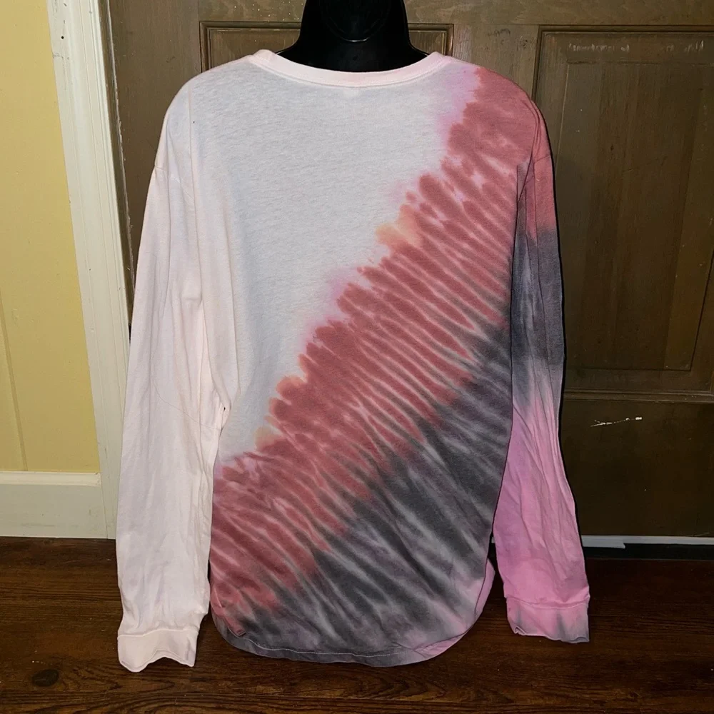 White, Pink & Black Split Tie-Dye Long Sleeve Upcycled Crewneck Shirt Size XL - Picture 5 of 10
